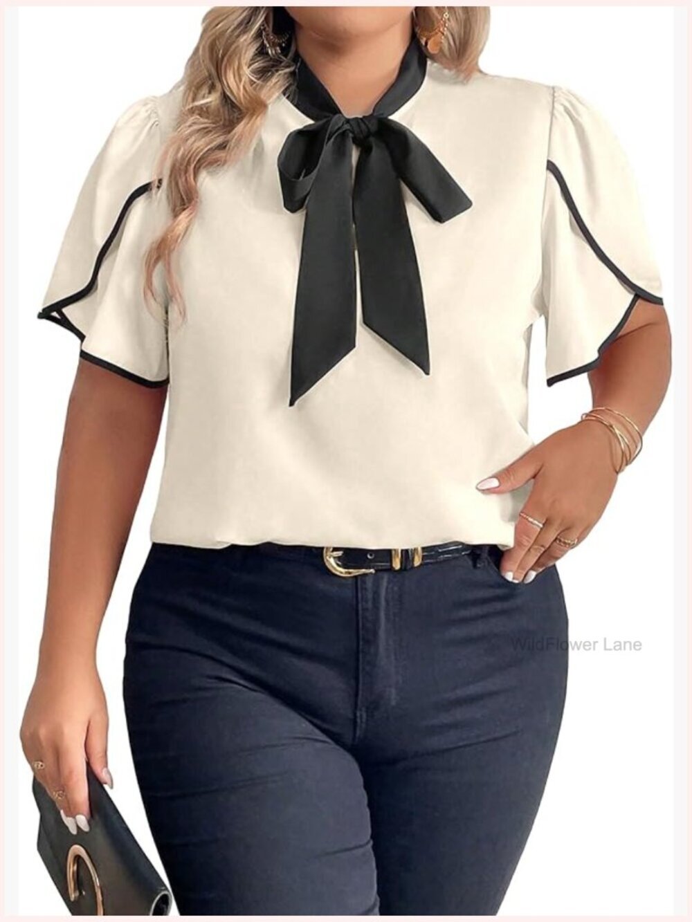Plus Size Work Blouse Bow Tie Neck Petal Sleeve Business Casual Top